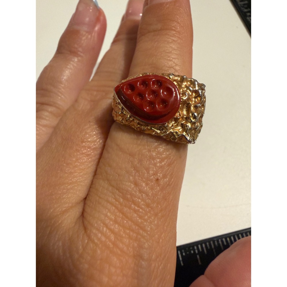 Park Lane Vintage Brutalist Red Carved Gold Tone Statement Ring Size 9.5